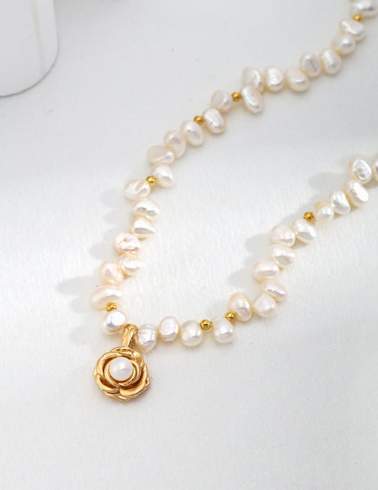 Camellia flower design silver pearl necklace